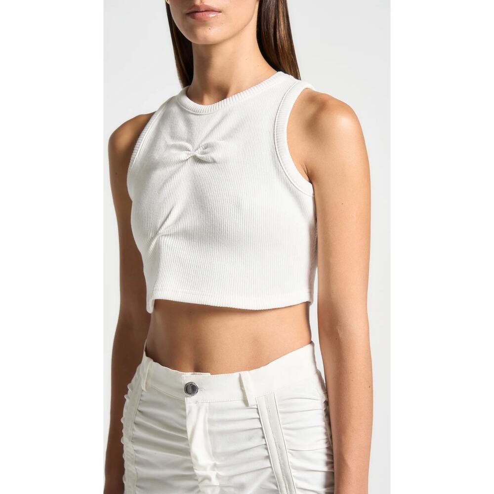 Maniere De Voir Womens Cropped Tank Top 6 White Tacked Ribbed Knit Minimalist